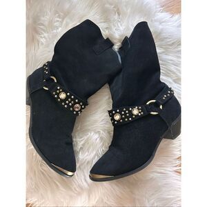 Diane Gilman bling Cowboy Western black boots & steel toe Vintage Suede Sz 8.5M